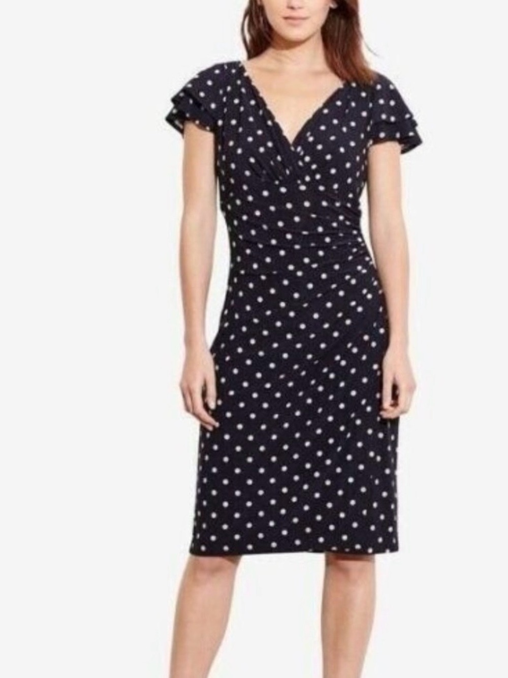 Ralph Lauren Navy and White Polka Dot Midi Wrap Dress